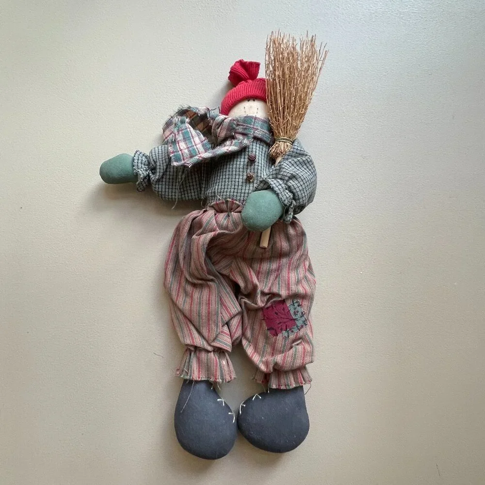 Snowman Doll Stuffed With Broom Winter Holiday Christmas Decor Primitive
